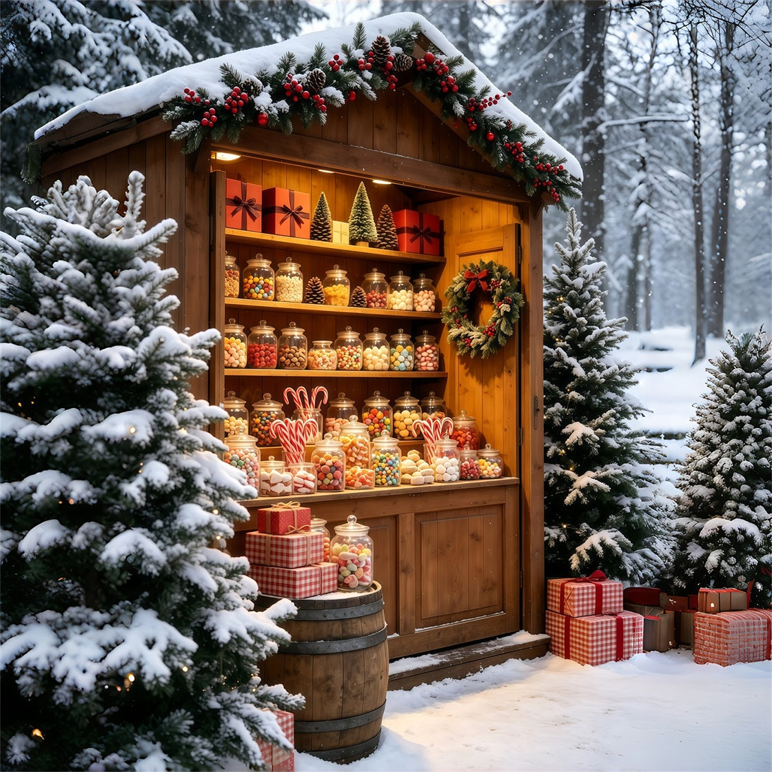 Verschneite Weihnachtskulisse Marktstand Mit Rustikalem Bonbonglas Weihnachts-Fotohintergründe GQ69-59
