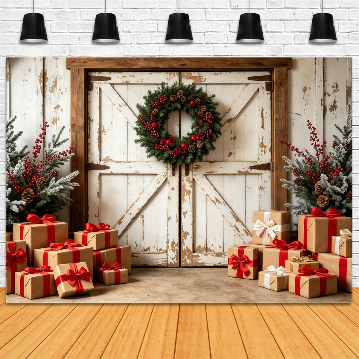 Weihnachts-Scheunentor-Hintergrund Rustikale Scheunen-Geschenkboxen Studio-Weihnachtskulissen GQ69-6