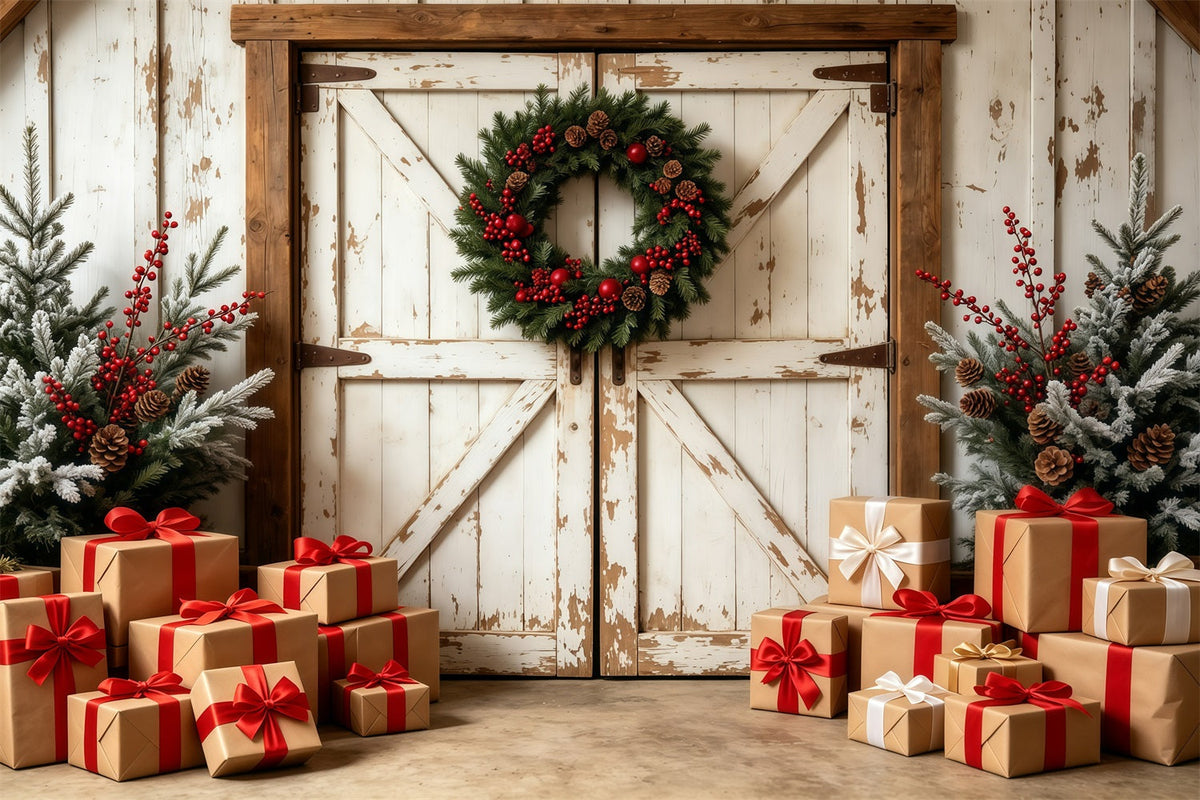 Weihnachts-Scheunentor-Hintergrund Rustikale Scheunen-Geschenkboxen Studio-Weihnachtskulissen GQ69-6