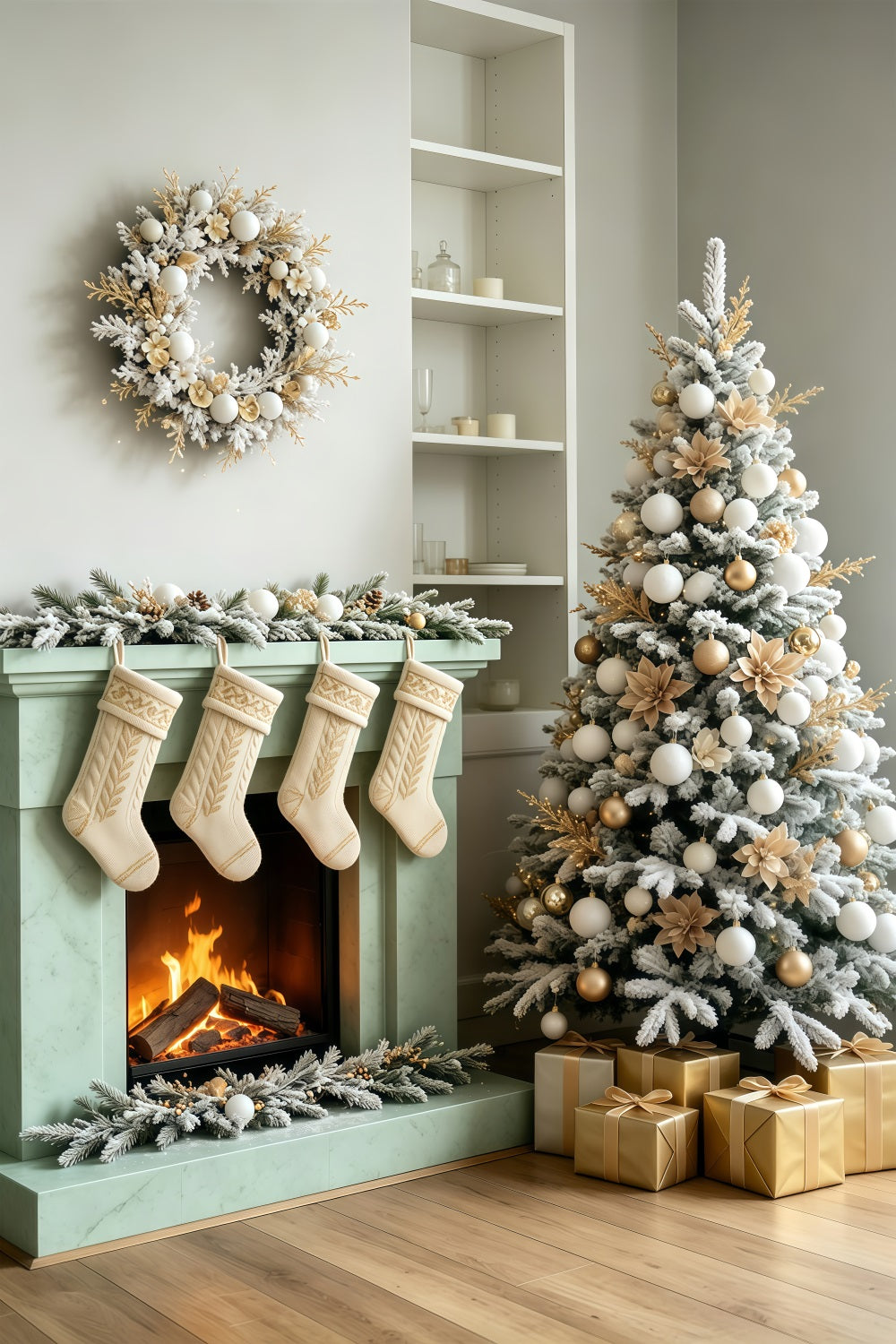 Weihnachtszimmer-Hintergrund Minimalistische Weiße Kaminstrümpfe Weihnachtswand-Hintergrund GQ69-66