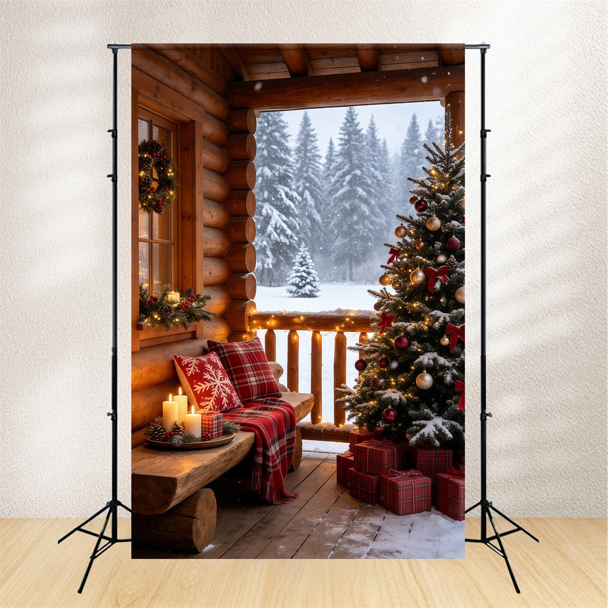 Rustikale Weihnachtskulisse Gemütlicher, Verschneiter Hüttenbalkon Weihnachtshintergründe GQ69-69