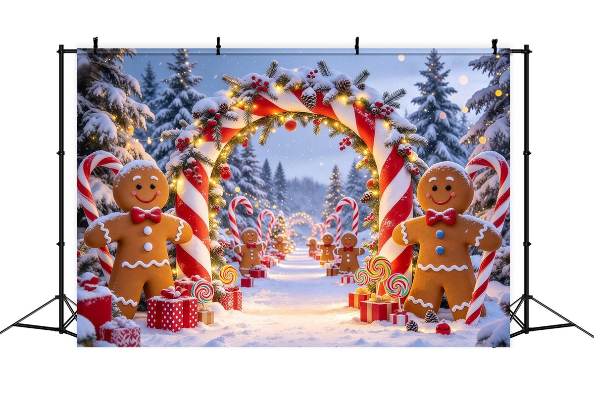 Weihnachtlicher Porträthintergrund Lebkuchen Verschneiter Waldweg Zuckerstange GQ69-80