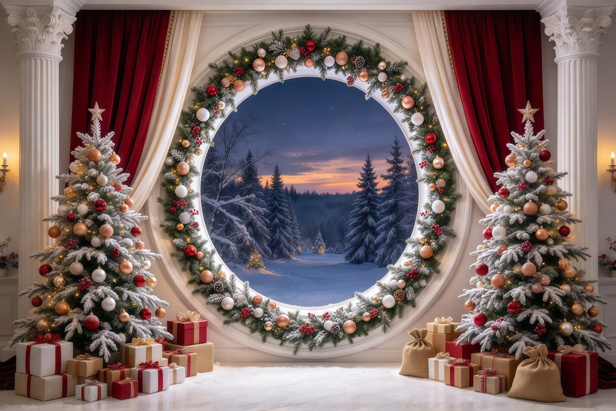Weihnachtlicher Hintergrund Rundes Wald Fenster Girlande GQ69-90