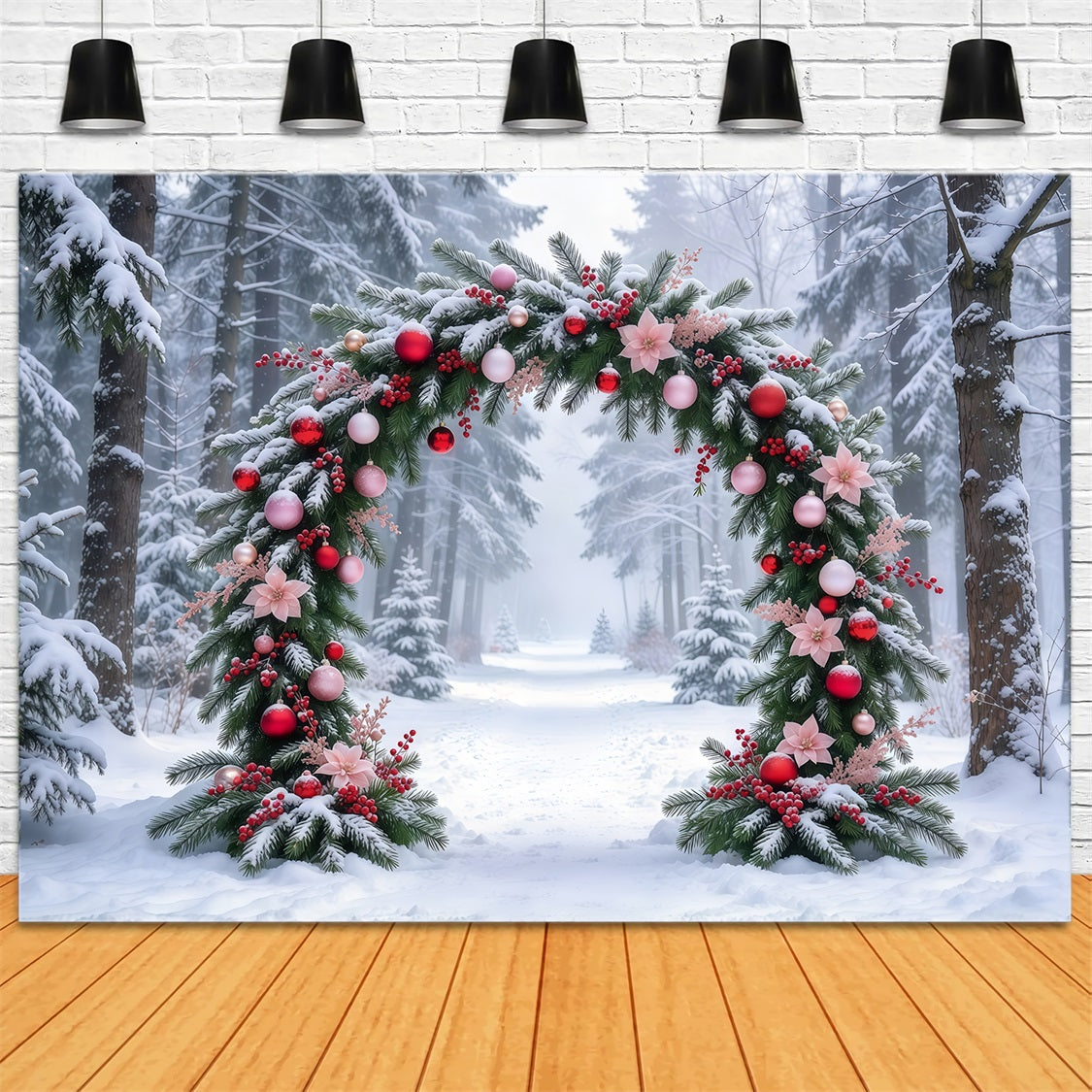 Weihnachtsbaum Fotohintergrund Rosa Blumenbogen Verschneit GQ69-93
