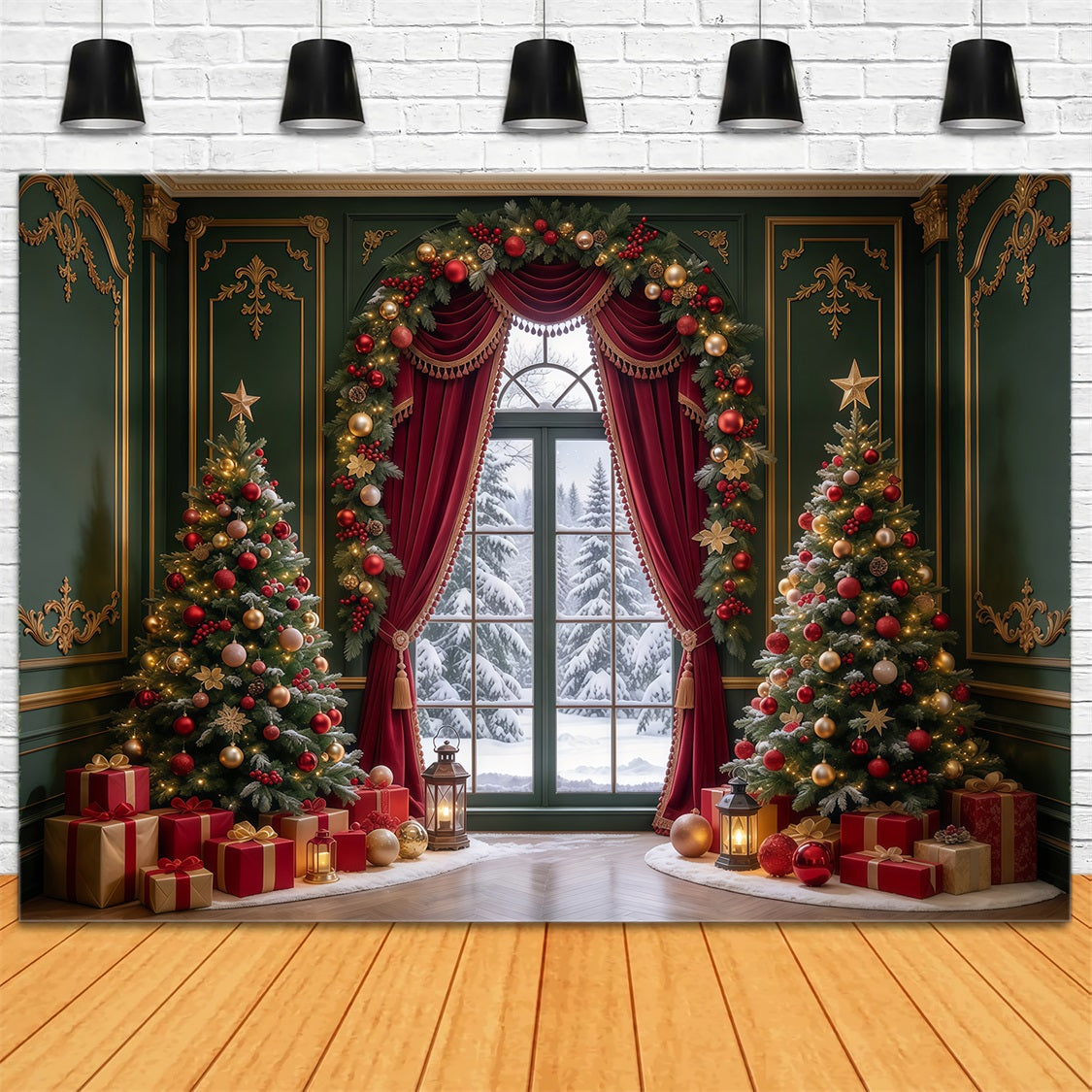 Weihnachtlicher Hintergrund Smaragdgrüner Roter Vorhang Stoffdekoration GQ69-96