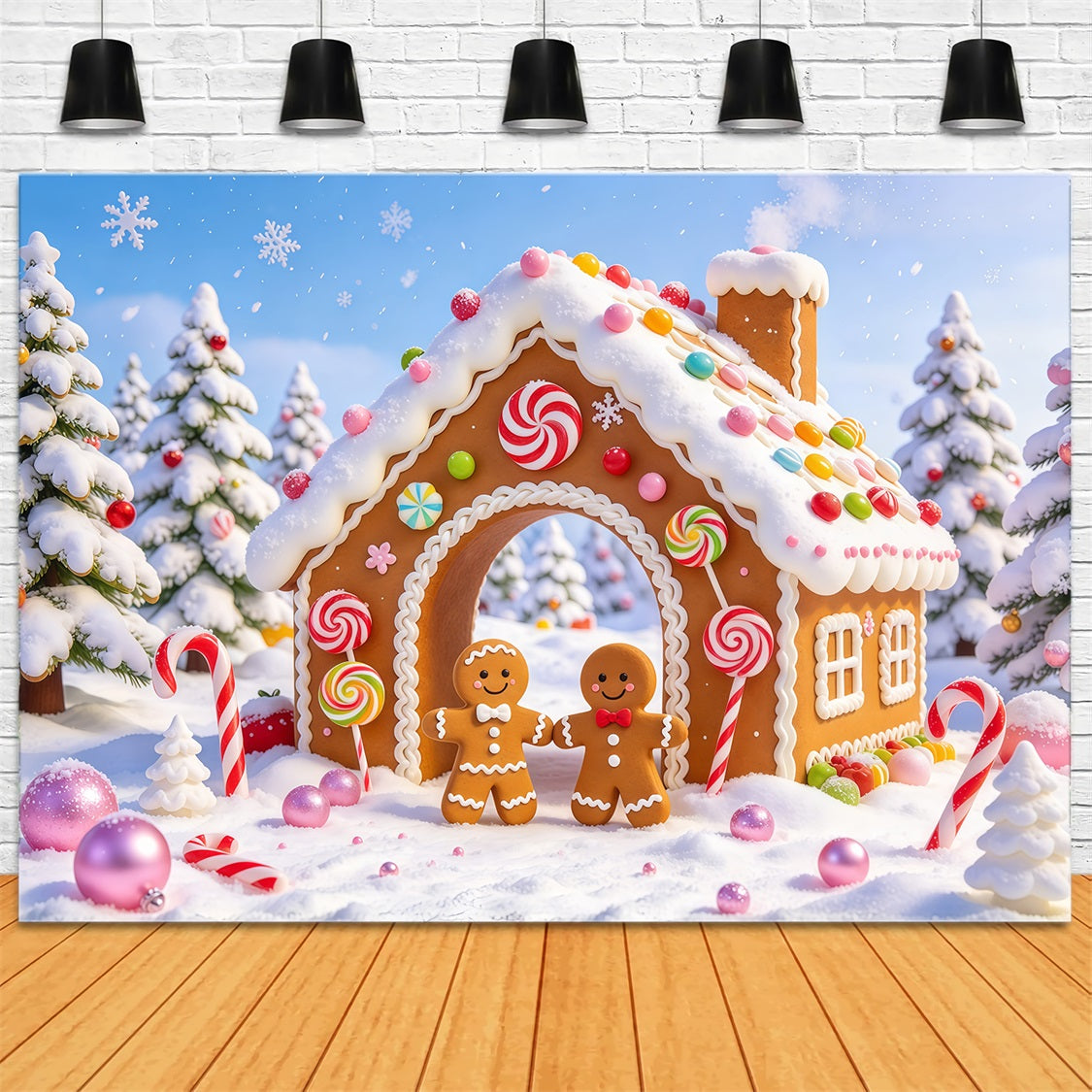 Weihnachtlicher Zuckerstangen Hintergrund Verschneites Süßigkeitenhaus Lebkuchenmann GQ69-99