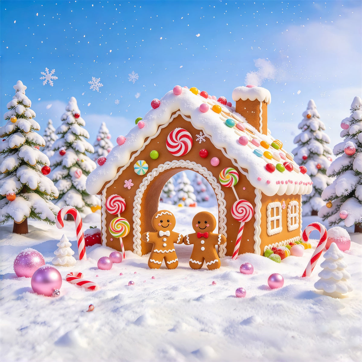 Weihnachtlicher Zuckerstangen Hintergrund Verschneites Süßigkeitenhaus Lebkuchenmann GQ69-99