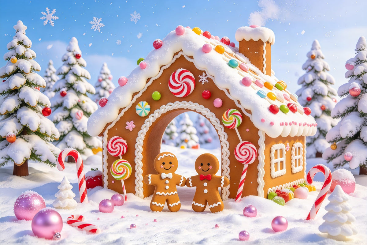 Weihnachtlicher Zuckerstangen Hintergrund Verschneites Süßigkeitenhaus Lebkuchenmann GQ69-99