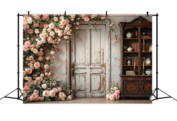 Mutterschaft Fotoshooting Hintergrund Rustikale Tür Blühende Rose Hintergrund GTY2-27