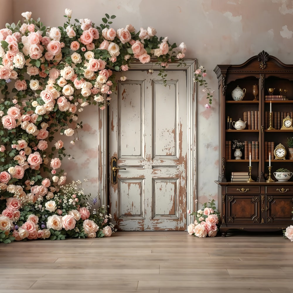 Mutterschaft Fotoshooting Hintergrund Rustikale Tür Blühende Rose Hintergrund GTY2-27