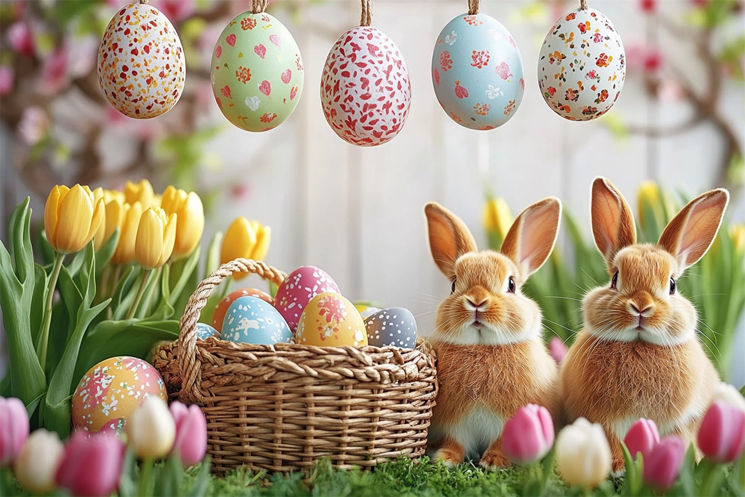 Ostern Fotohintergrund Hängendes Osterei Tulpen Hintergrund GTY3-232