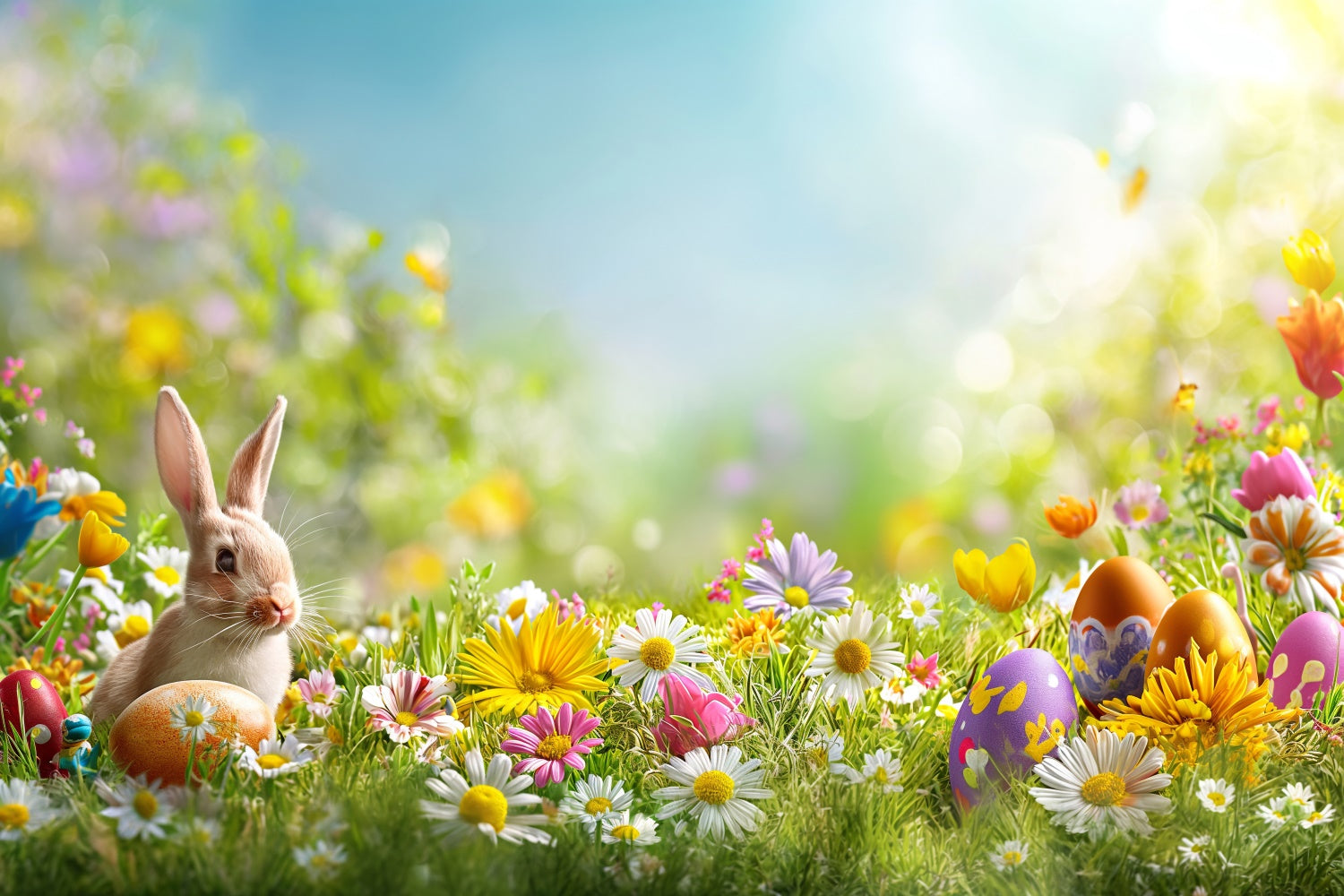 Ostern Fotohintergrund Pastell Blumenwiese Hase Hintergrund GTY3-235