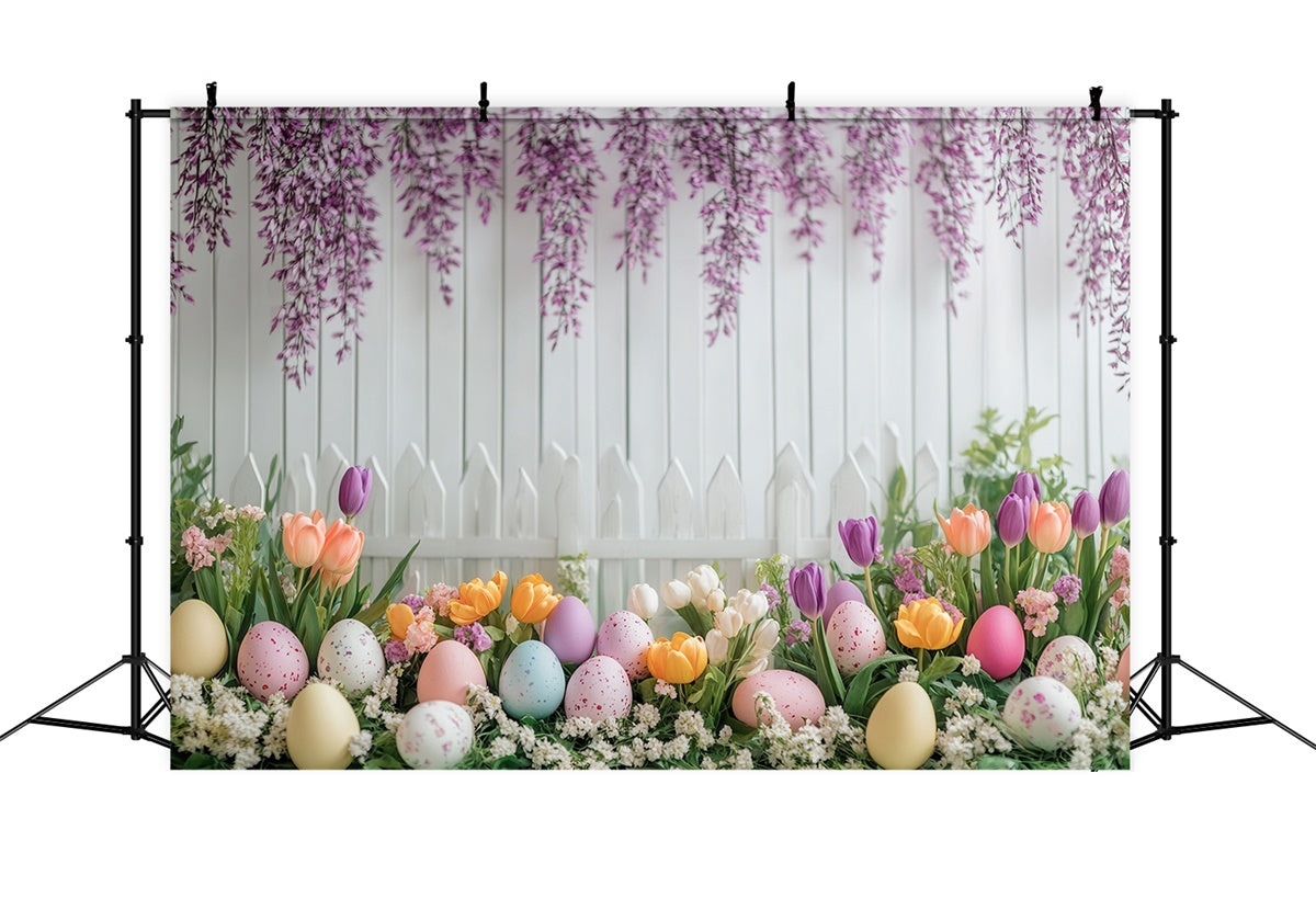 Backdrop für Ostern Glyzinienblüte Weißer Zaun Hintergrund GTY3-240