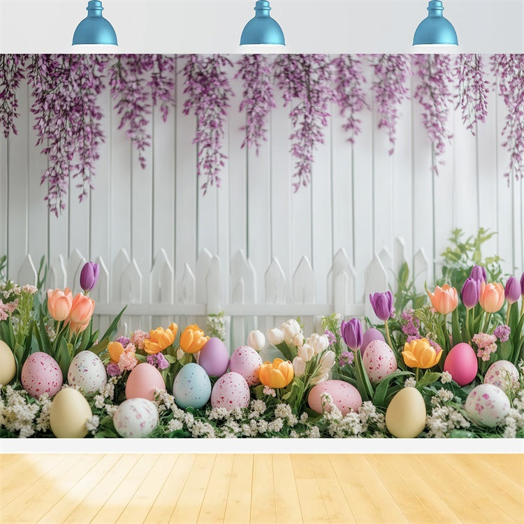 Backdrop für Ostern Glyzinienblüte Weißer Zaun Hintergrund GTY3-240
