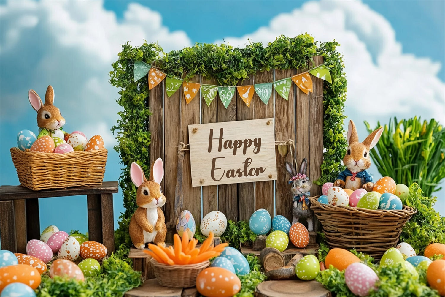 Ostern Backdrop Festlicher Hasen Korb Rustikaler Hintergrund GTY3-241