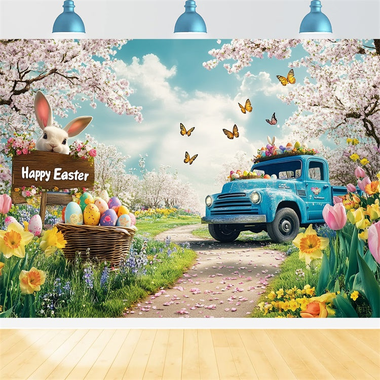 Ostern Foto-Ideen Romantische Blüte Blauer Truck Hintergrund GTY3-243