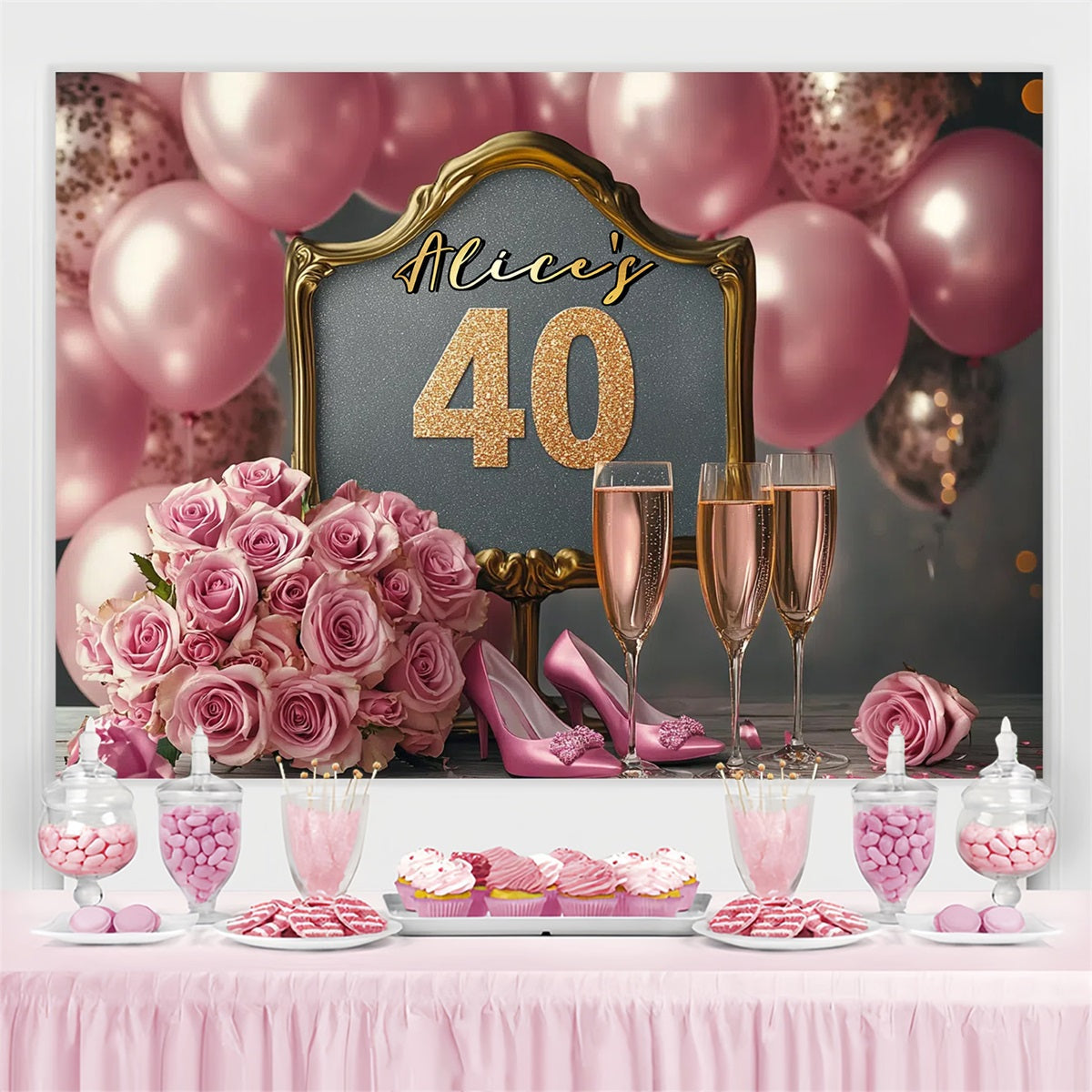 Personalisierte 40. Geburtstag Backdrop Rosa Rosen Champagner Ballon Backdrop GTY3-264