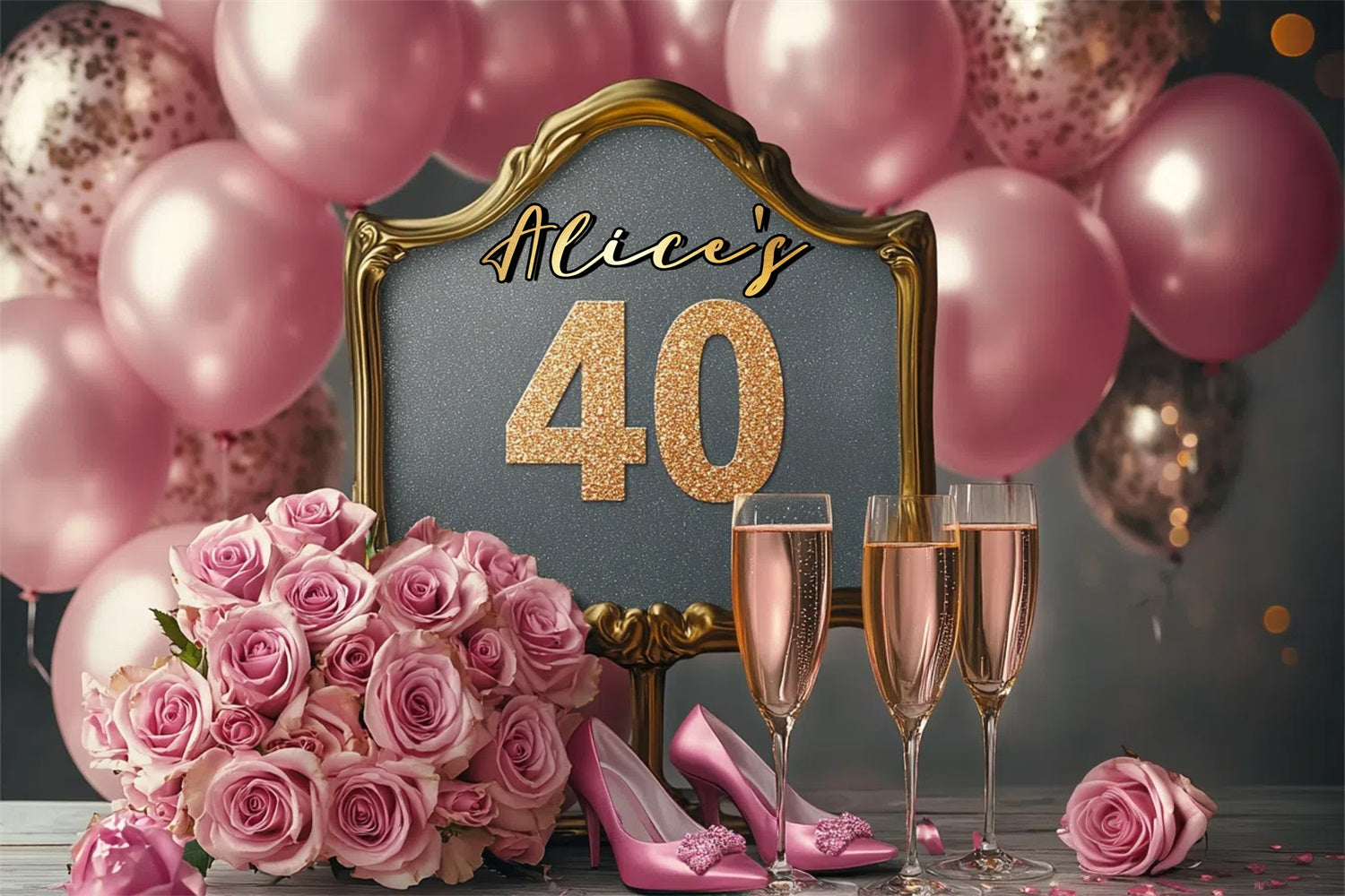 Personalisierte 40. Geburtstag Backdrop Rosa Rosen Champagner Ballon Backdrop GTY3-264