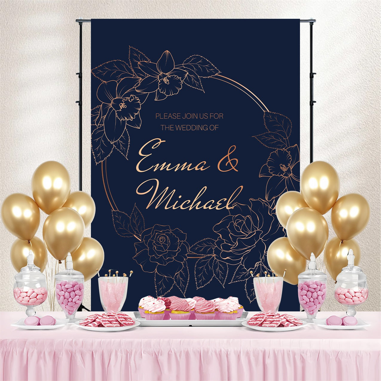 Hochzeit Backdrops Dunkelblau Floral Personalisierte Backdrop GTY3-274