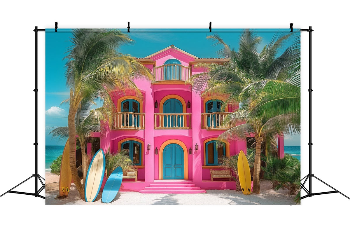 Sommer-Fotohintergrund Rosa Strandhaus Palmenhintergrund GTY3-283