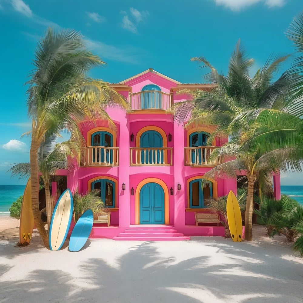 Sommer-Fotohintergrund Rosa Strandhaus Palmenhintergrund GTY3-283