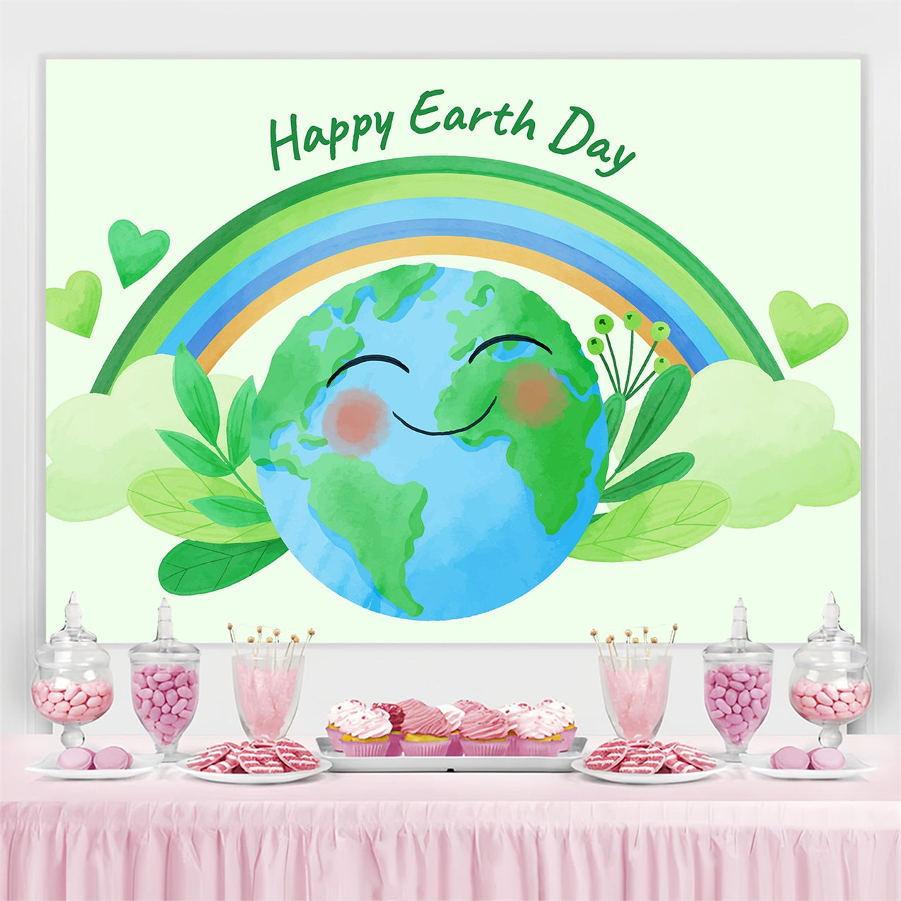Happy Earth Day Backdrop Lächelnder Planet Grüne Blätter Theme Backdrop GTY3-43