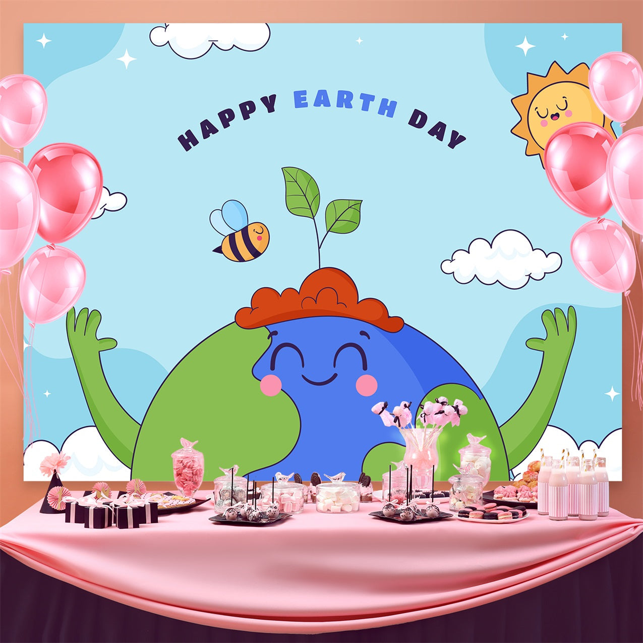 Happy Earth Day Backdrop Cartoon Erde Grüne Hände Backdrop GTY3-45