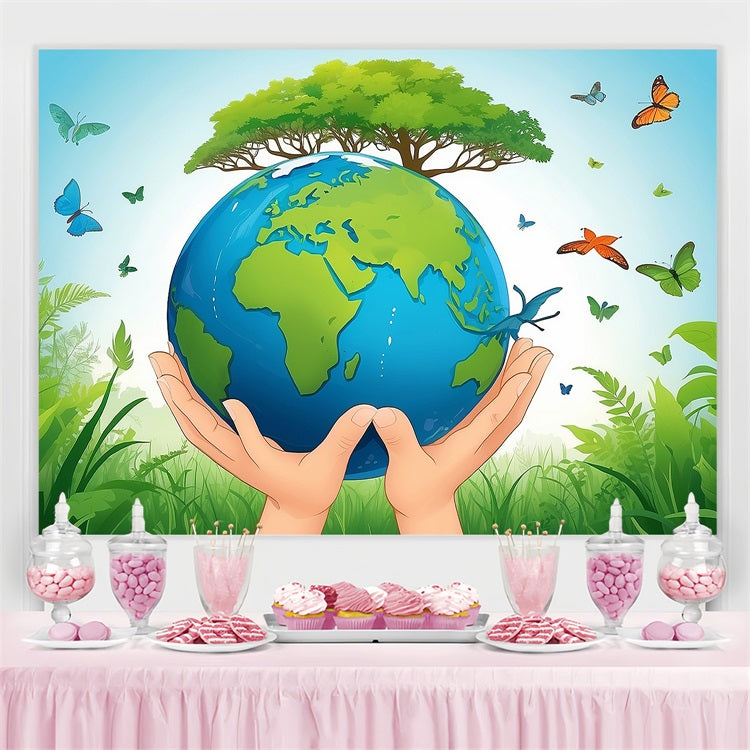 Happy Earth Day Backdrop Hände, die die Erde schützen Greenery Backdrop GTY3-49