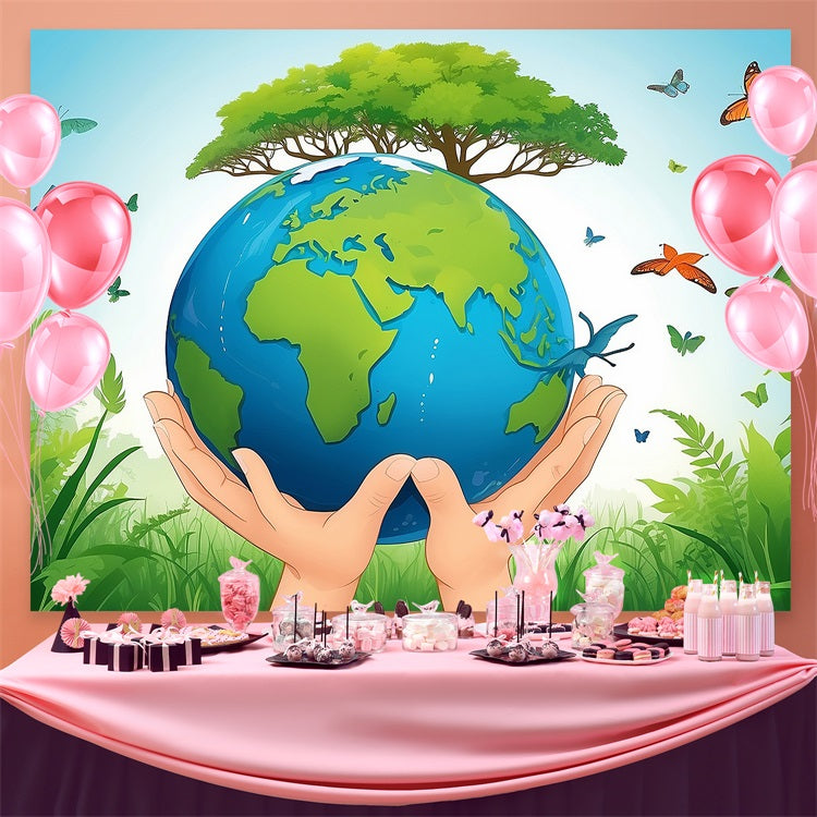 Happy Earth Day Backdrop Hände, die die Erde schützen Greenery Backdrop GTY3-49