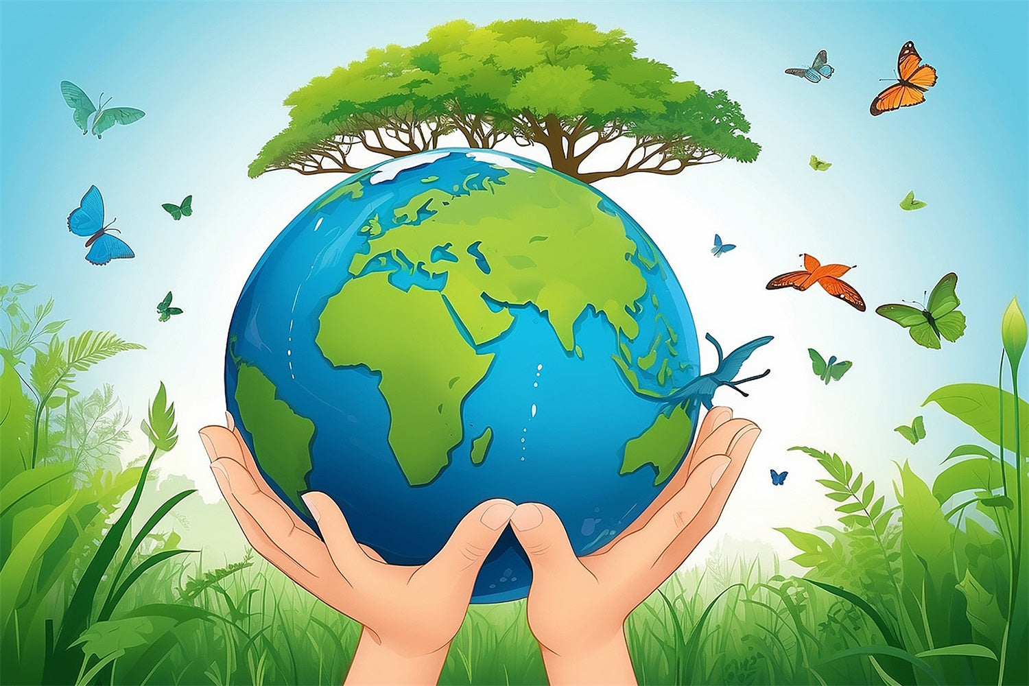 Happy Earth Day Backdrop Hände, die die Erde schützen Greenery Backdrop GTY3-49
