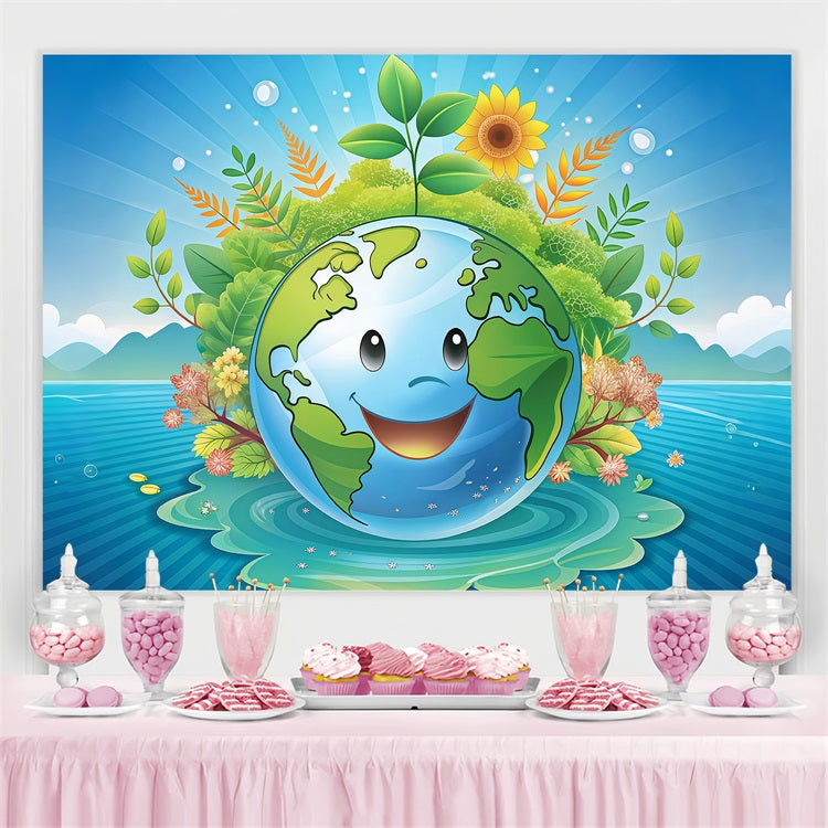Happy Earth Day Backdrop Lächelnde Erde umgeben von Natur Backdrop GTY3-70