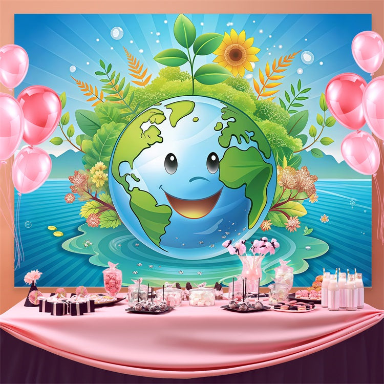 Happy Earth Day Backdrop Lächelnde Erde umgeben von Natur Backdrop GTY3-70
