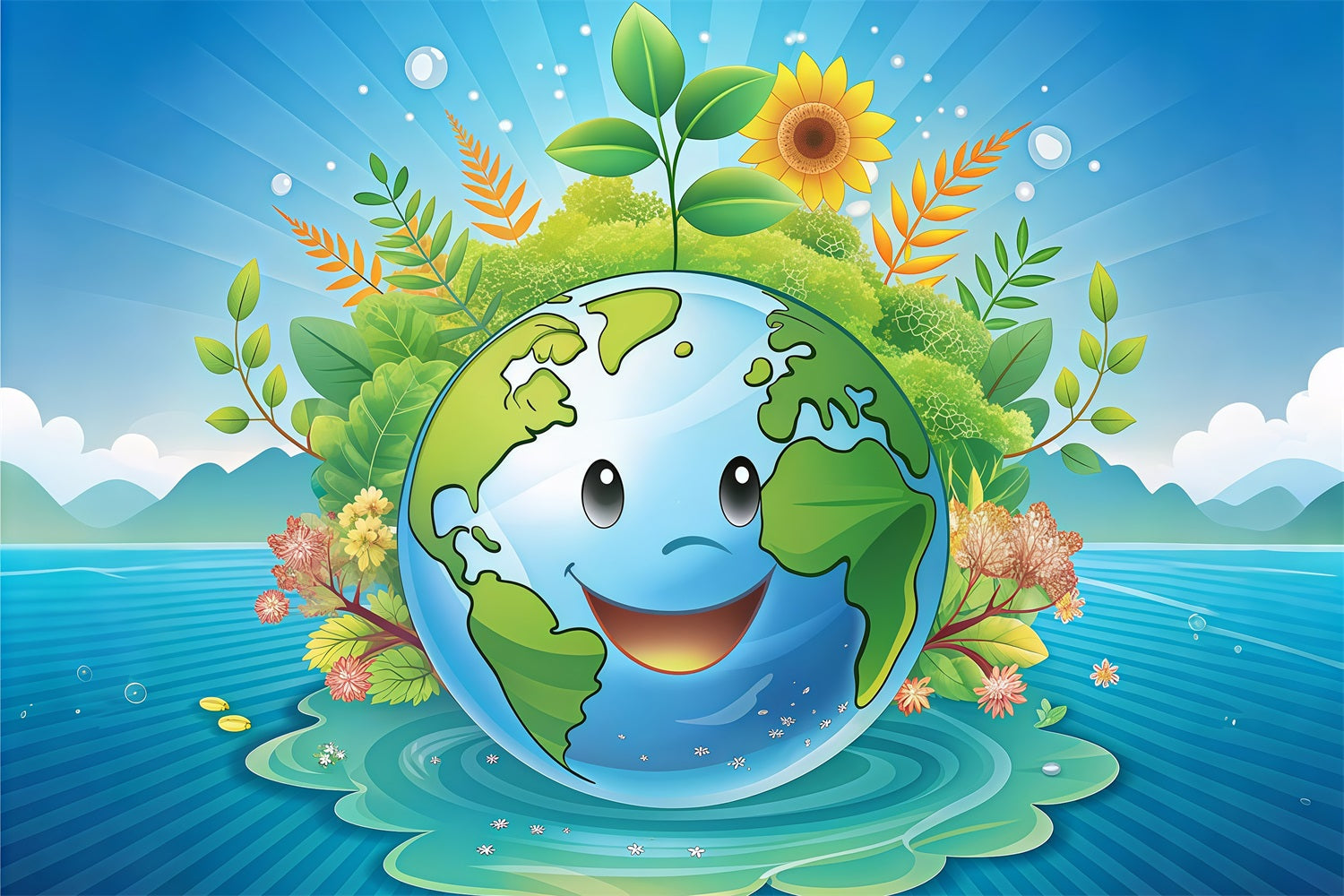 Happy Earth Day Backdrop Lächelnde Erde umgeben von Natur Backdrop GTY3-70