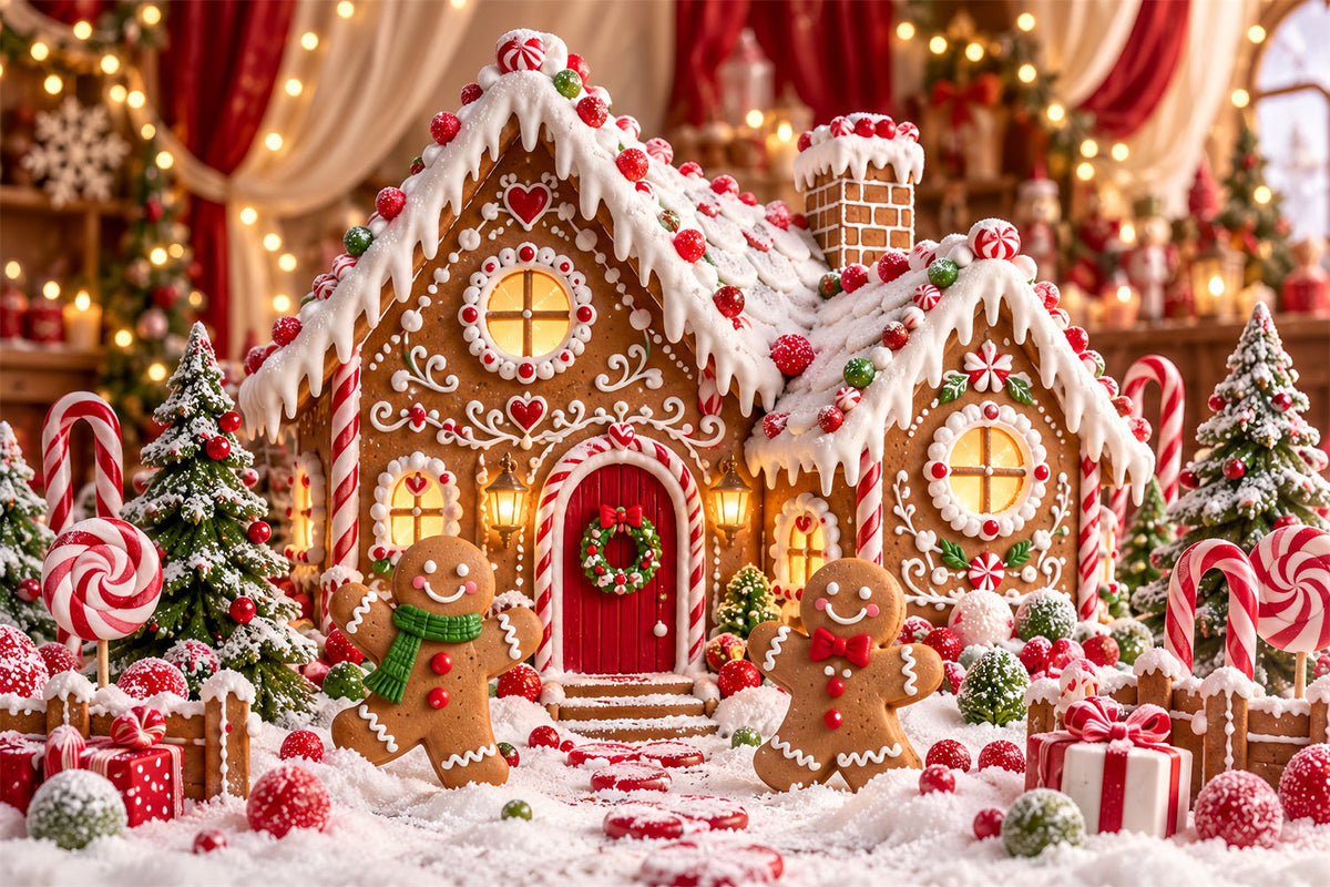 Lebkuchenhaus-Fotohintergrund Cartoon-Häuschen Süßigkeiten-Bokeh HQ610-151