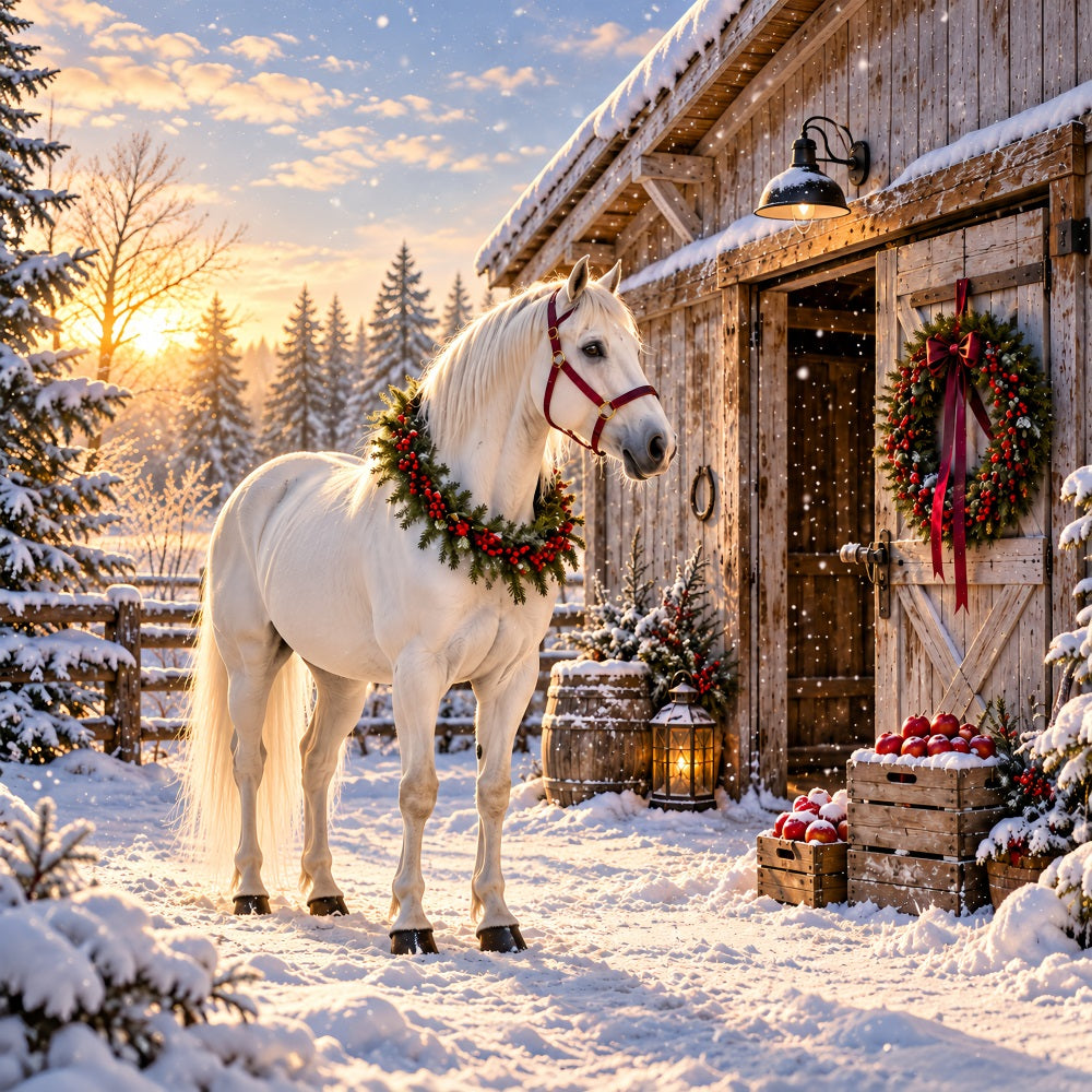 Western-Weihnachtshintergrund Weißes Pferd Festliche Scheune HQ610-152