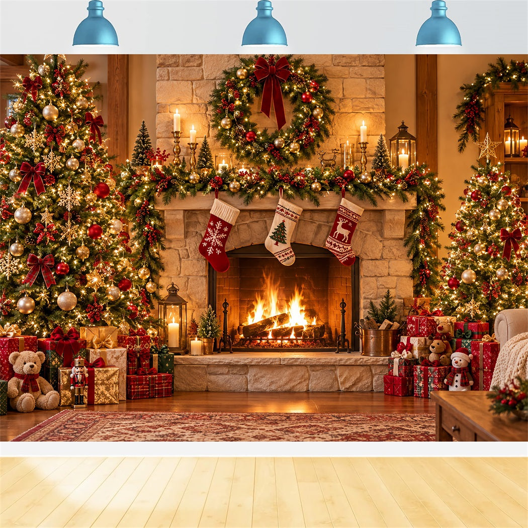 Weihnachtlicher Fotohintergrund Rustikaler Kamin Weihnachtssocken Kaminsims HQ610-153