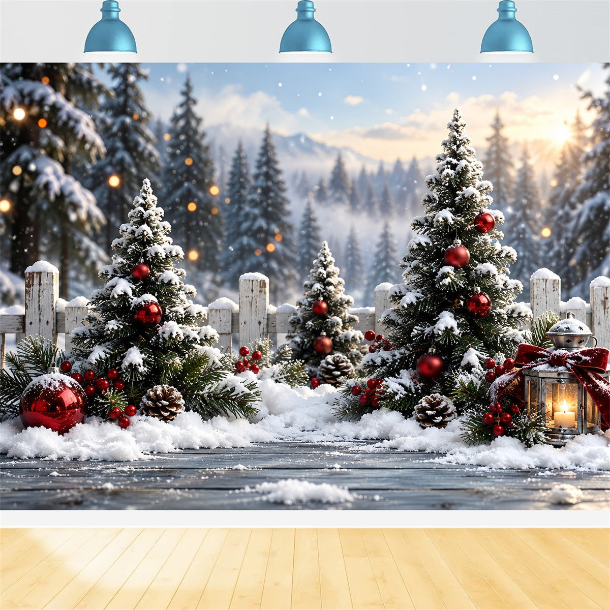 Weihnachtswald-Hintergrund Verschneiter Zaun Rote Weihnachtskugeln HQ610-159
