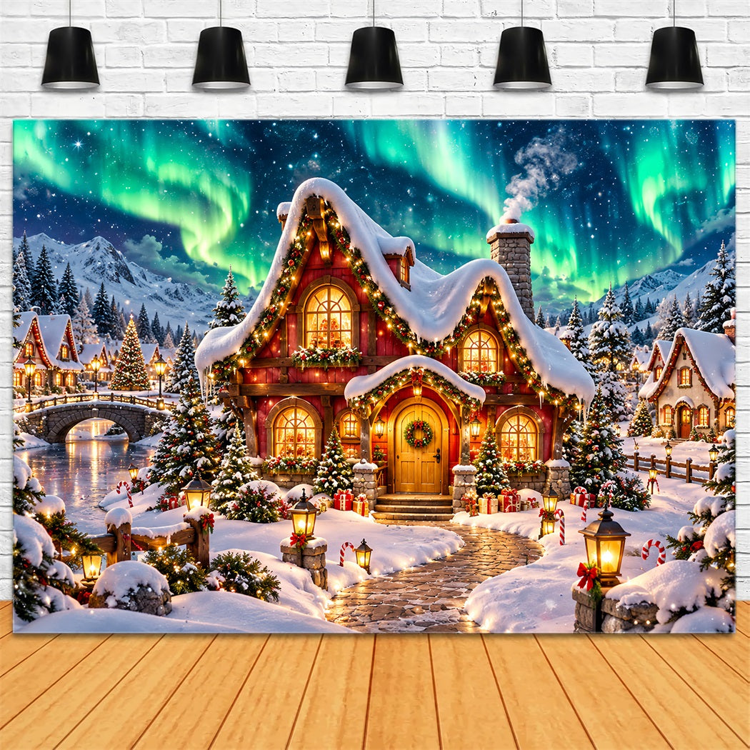 Weihnachtlicher Elfen-Hintergrund Leuchtendes Polarlicht Verschneites Häuschen HQ610-162