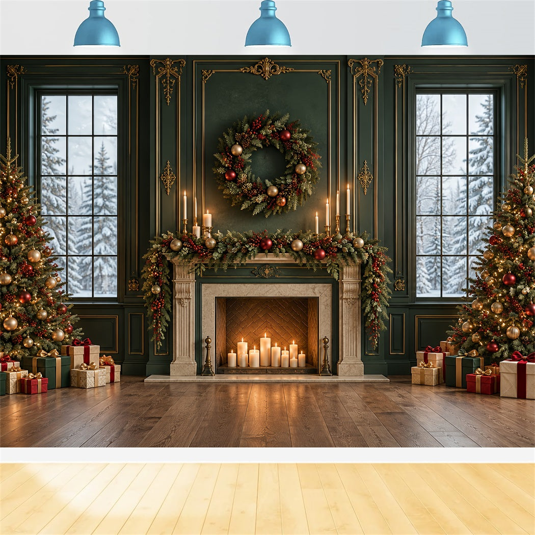 Weihnachtlicher Wohnzimmerhintergrund Smaragdgrüner Kaminsims Goldene Girlande HQ610-163