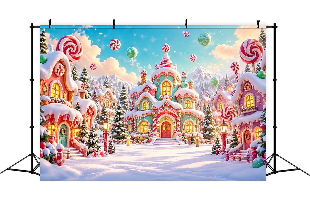 Weihnachtlicher Süßigkeitenland-Hintergrund Pastellfarbenes Süßigkeitenhaus-Dorf HQ610-166