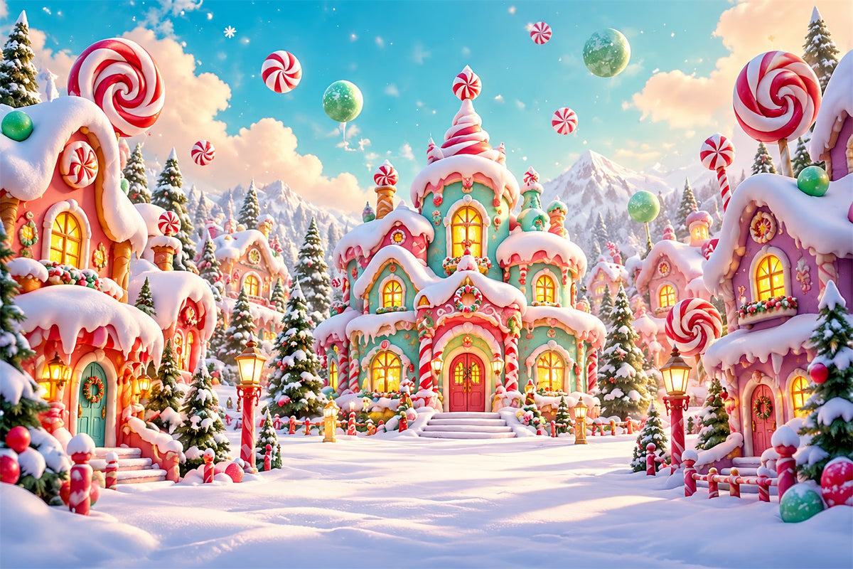 Weihnachtlicher Süßigkeitenland-Hintergrund Pastellfarbenes Süßigkeitenhaus-Dorf HQ610-166
