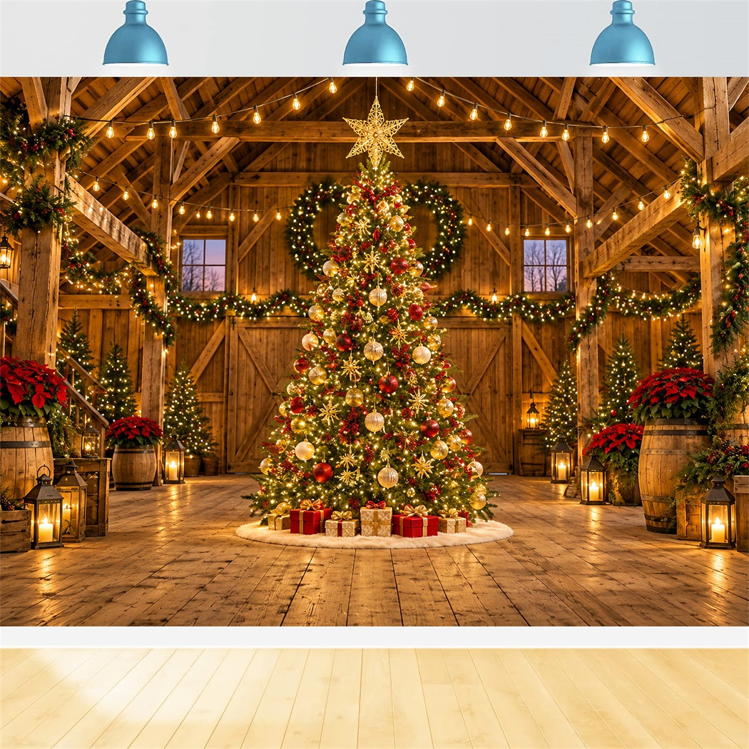 Weihnachtslichter-Fotohintergrund Rustikale Scheune Goldener Weihnachtsbaum HQ610-169