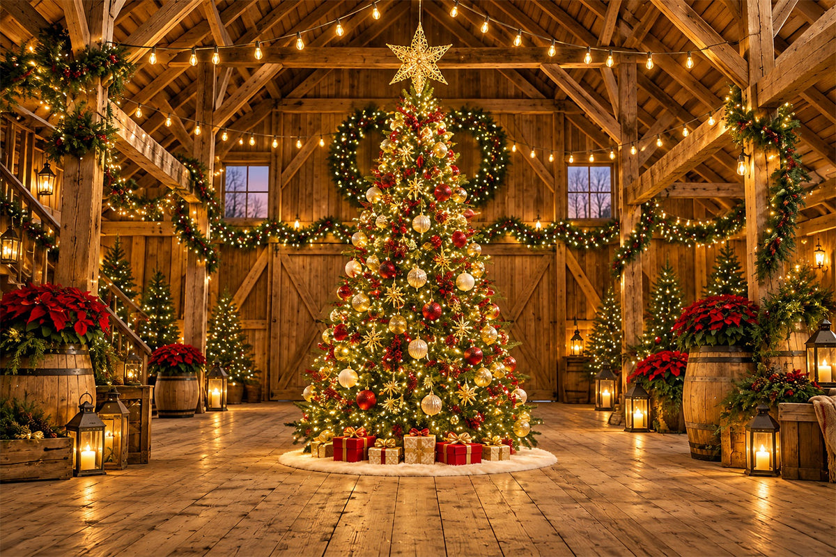Weihnachtslichter-Fotohintergrund Rustikale Scheune Goldener Weihnachtsbaum HQ610-169