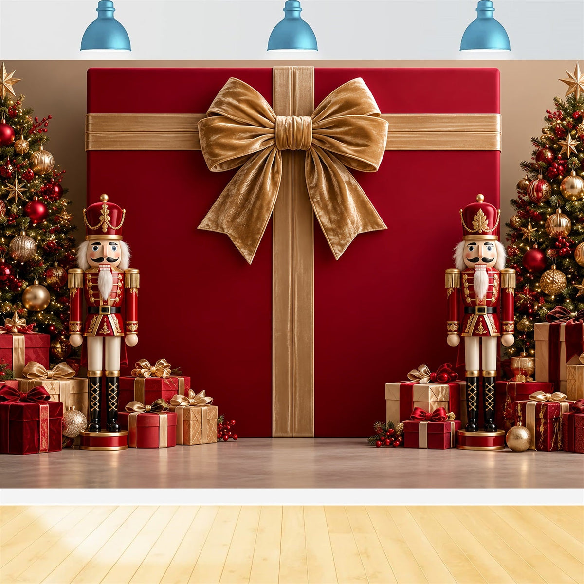 Weihnachtlicher Schleifen-Hintergrund Nussknacker Samtgeschenke Frohe Weihnachten HQ610-177