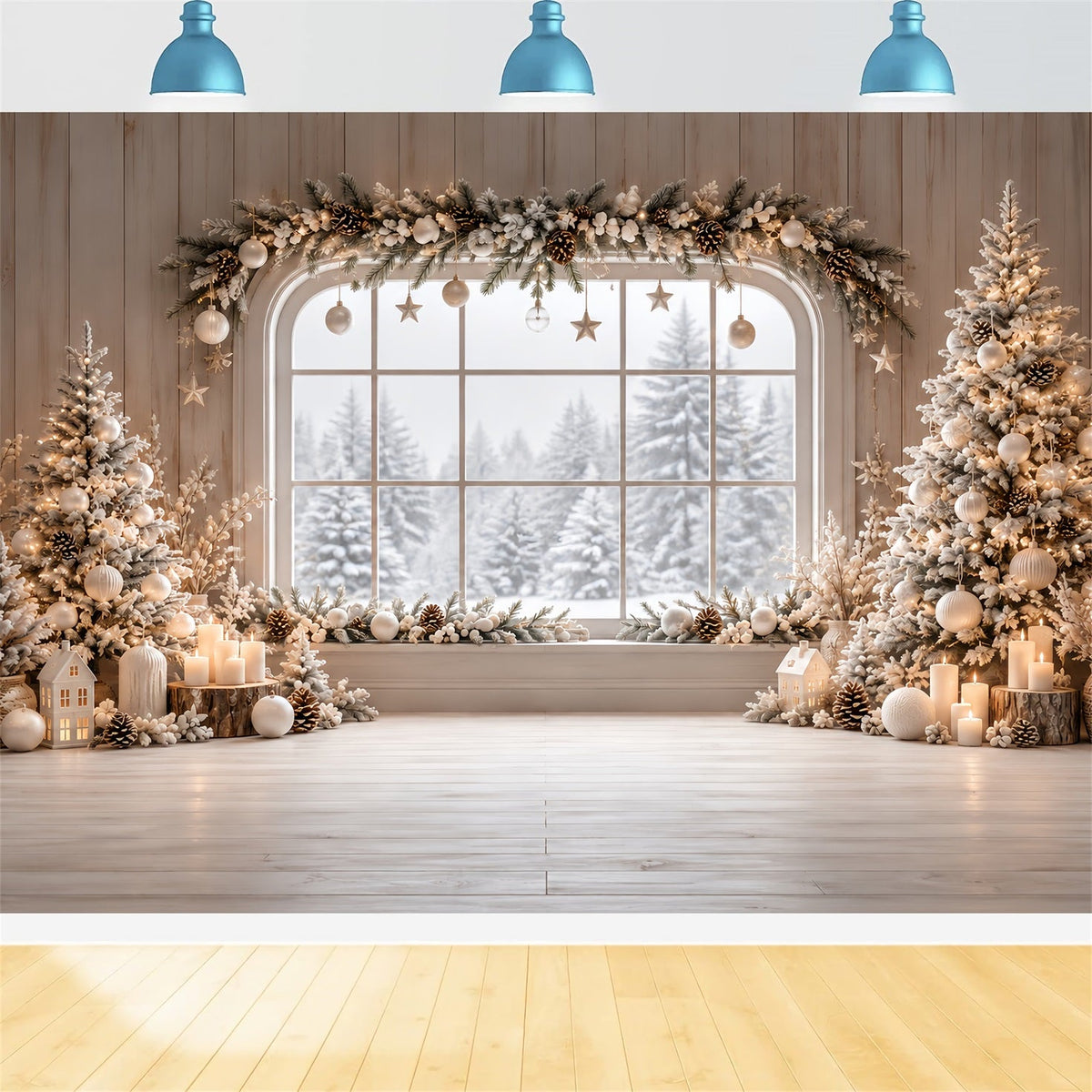 Weihnachtsfenster-Hintergrund Elfenbeinfarbene Winterhütte Girlande HQ610-180