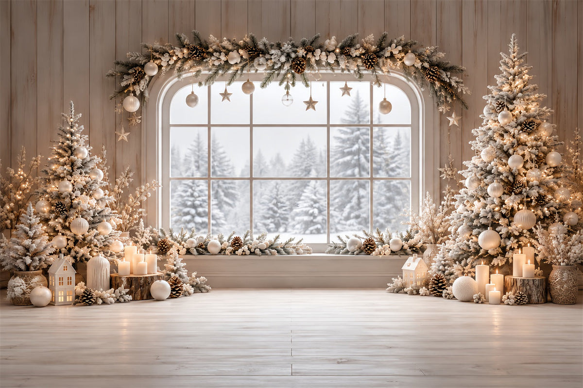 Weihnachtsfenster-Hintergrund Elfenbeinfarbene Winterhütte Girlande HQ610-180