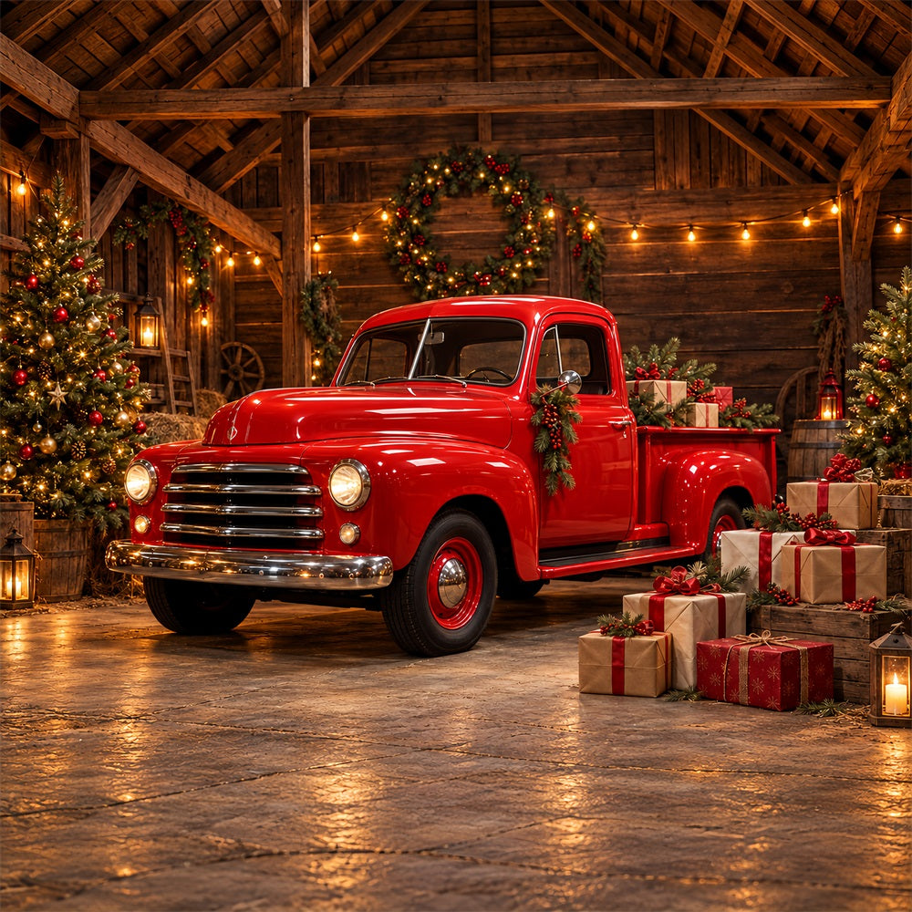 Weihnachtlicher Fotohintergrund Vintage Roter Truck Scheune HQ610-184