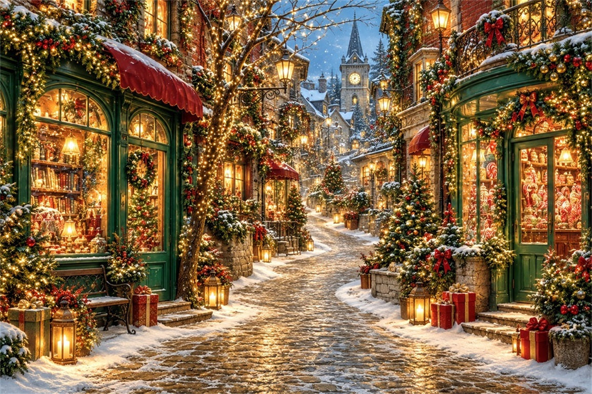 Weihnachtsdorf-Hintergrund Verschneite Laternen-Einkaufsstraße HQ610-189