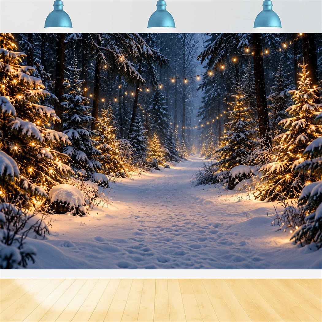Weihnachtsbaumfarm-Fotohintergrund Leuchtender Verschneiter Waldweg HQ610-190