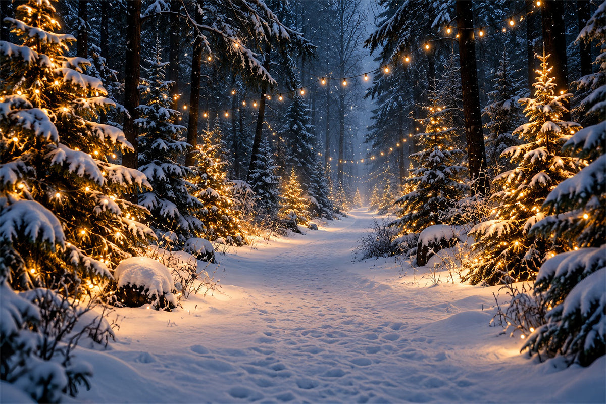 Weihnachtsbaumfarm-Fotohintergrund Leuchtender Verschneiter Waldweg HQ610-190